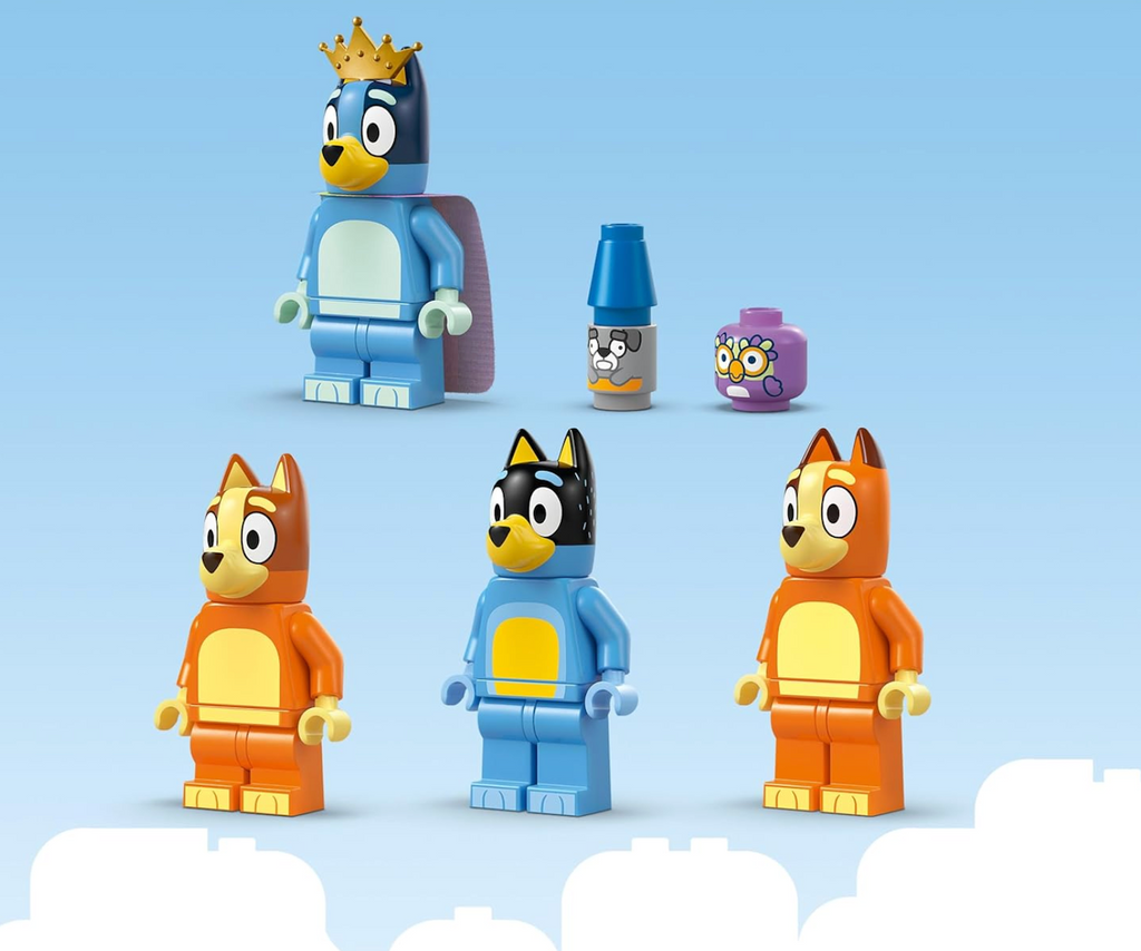 LEGO Bluey  minifigures – Bluey, Bingo, Chilli (Bluey’s mum) and Bandit (Bluey’s dad) included in the Bluey's Family House LEGO set. 