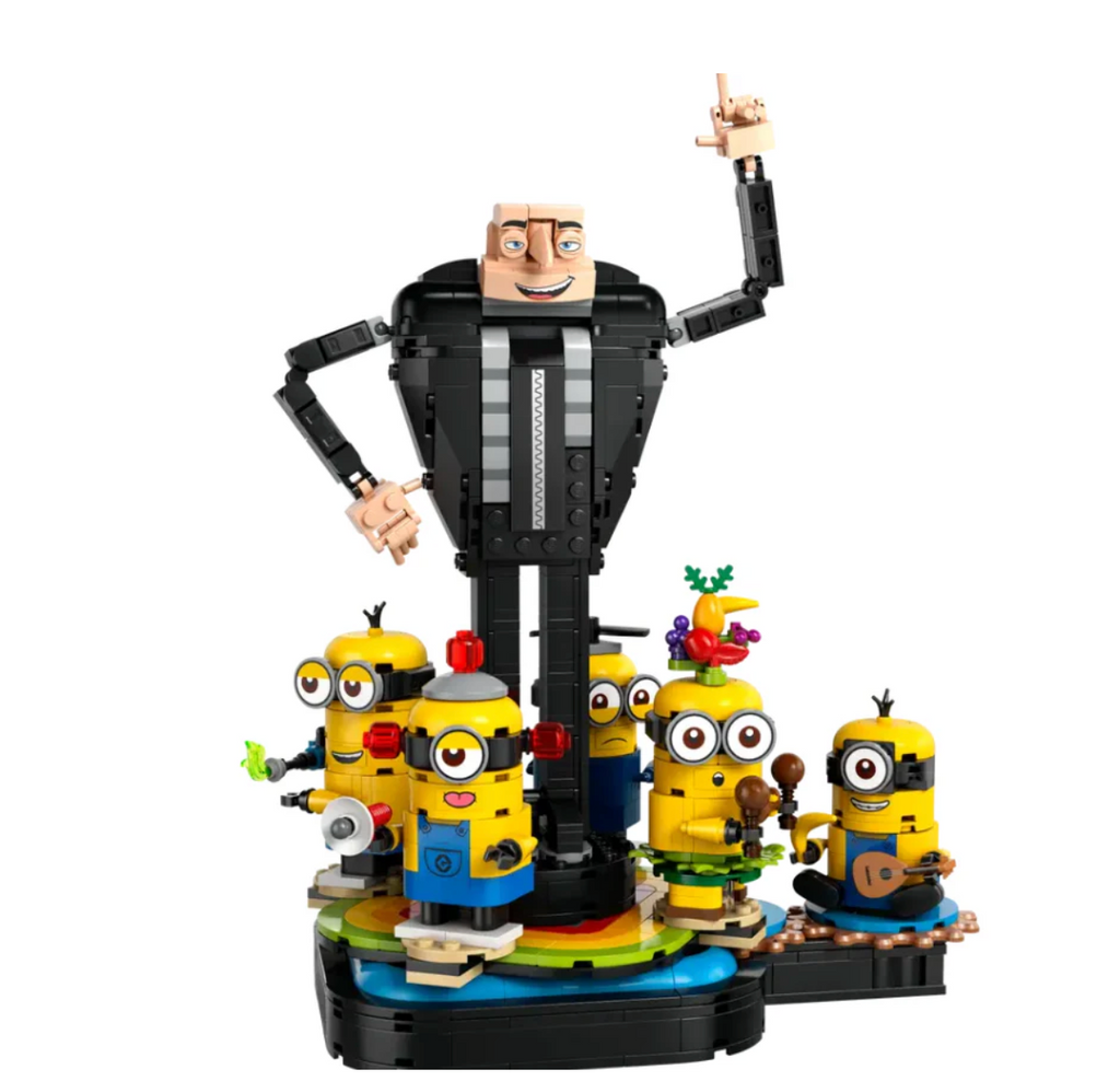 Close up picture of Gru and his Minions built with LEGO bricks. 