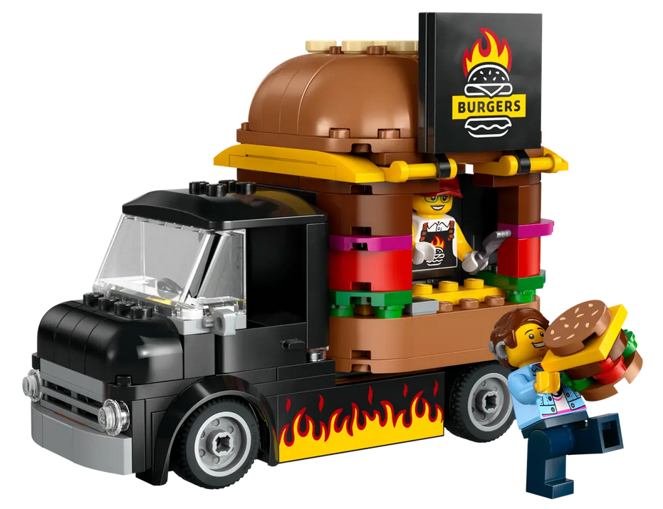 The  LEGO® City Burger Truck is topped with a giant burger and a service hatch that is open to display a flame-grilled burger sign. A minifigure is serving burgers and another is walking away with one. 