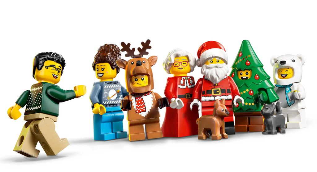Set of LEGO Christmas-themed minifigures in festive costumes that are part of the LEGO City Advent Calendar. 