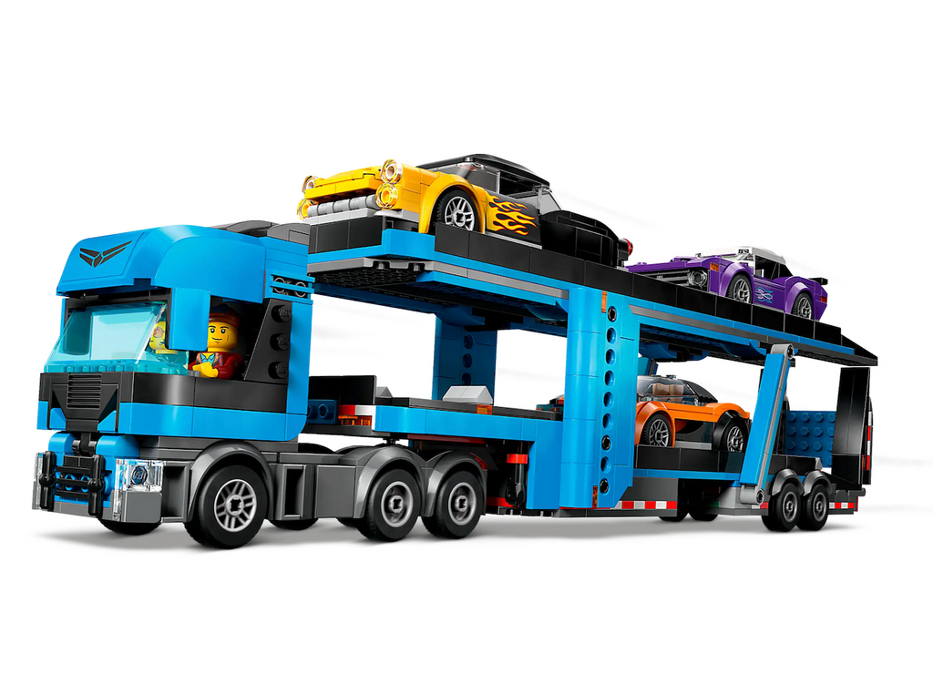 LEGO City Car Transporter Truck with all three cars loaded up and one of the minifigures driving. 