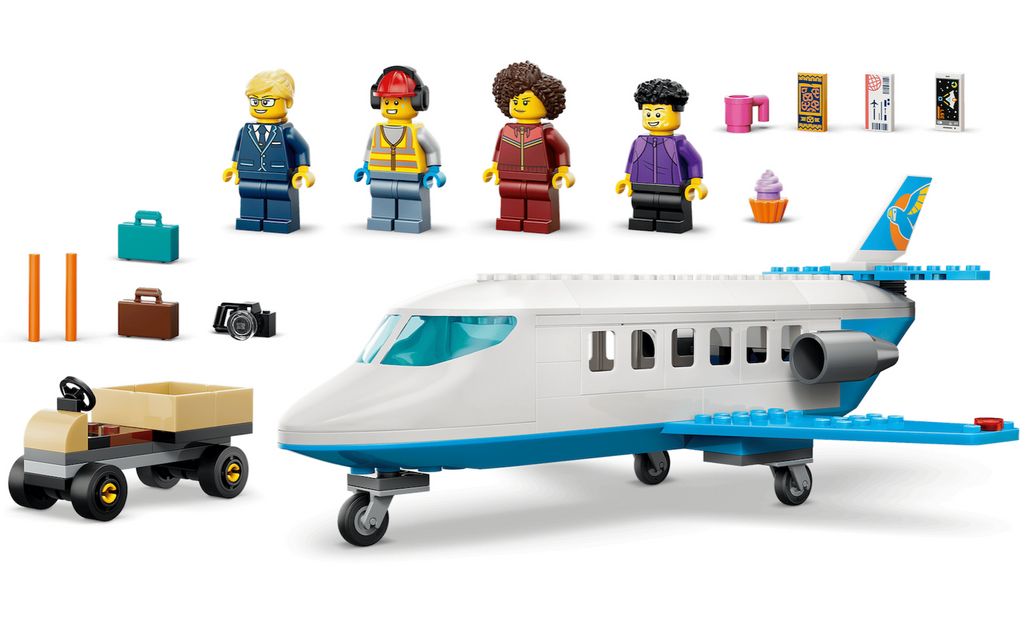 LEGO City Passenger Jet building set featuring a white and blue passenger jet, four minifigures, a baggage cart, a suitcase, a camera, and other travel accessories that are included with the set. 