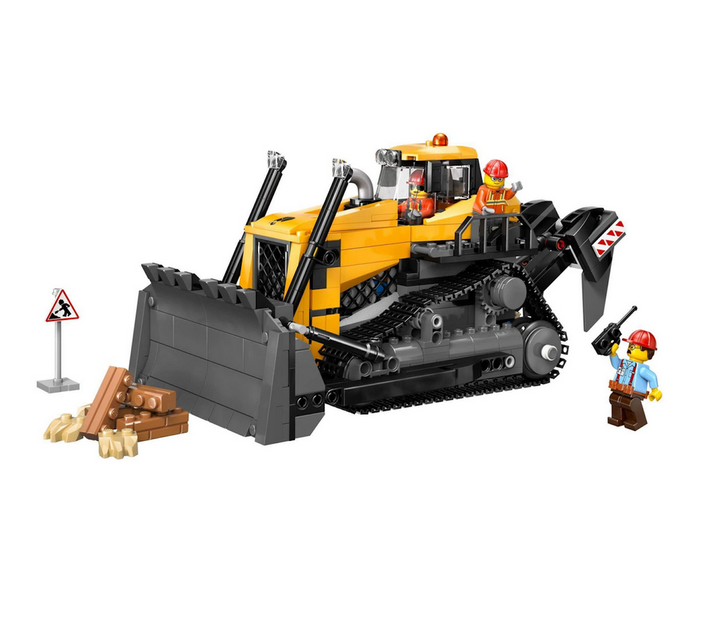 The LEGO City Bulldozer model with a raisable pusher blade and rear dual-shank ripper, plus a detailed engine with visible moving pistons and a spinning cooler fandriver also pictured are  2 worker minifigures and bulldozer driver. 
