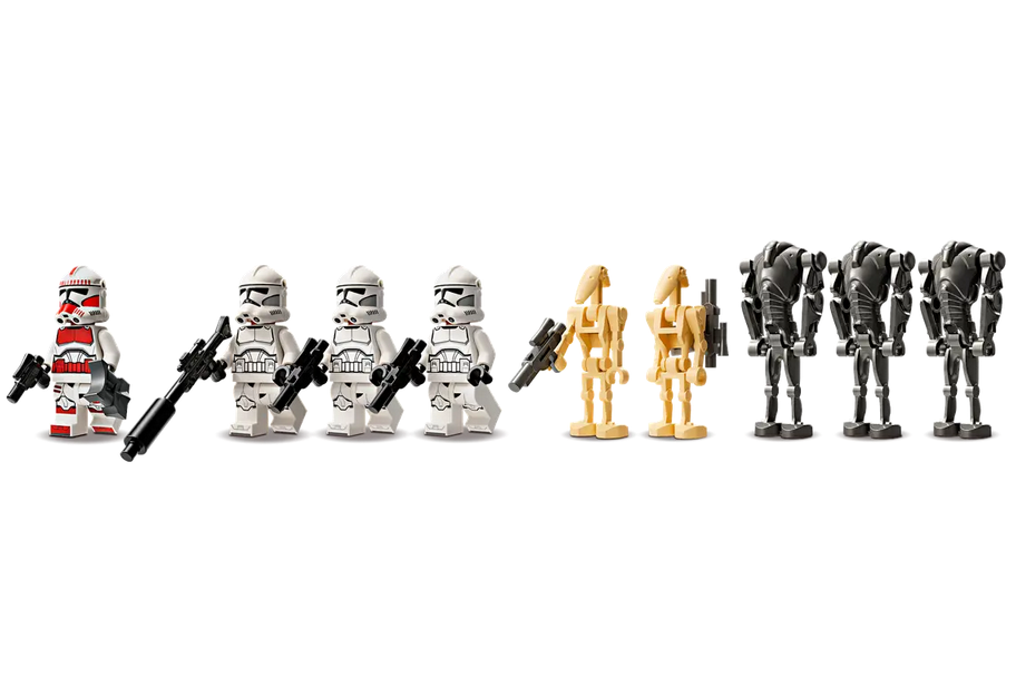 Close up of all the LEGO figures included in the set.  A Clone Shock Trooper, 3 Clone Troopers, 3 Super Battle Droids and 2 Battle Droids with weapons.