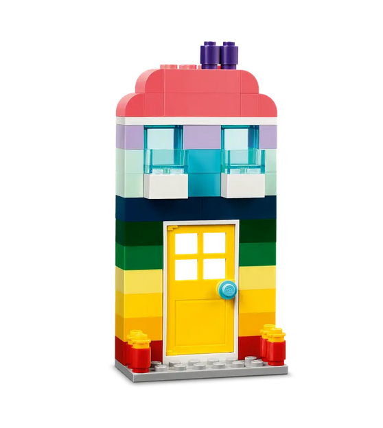 A very creative, colorful house built from bricks included in the set. 