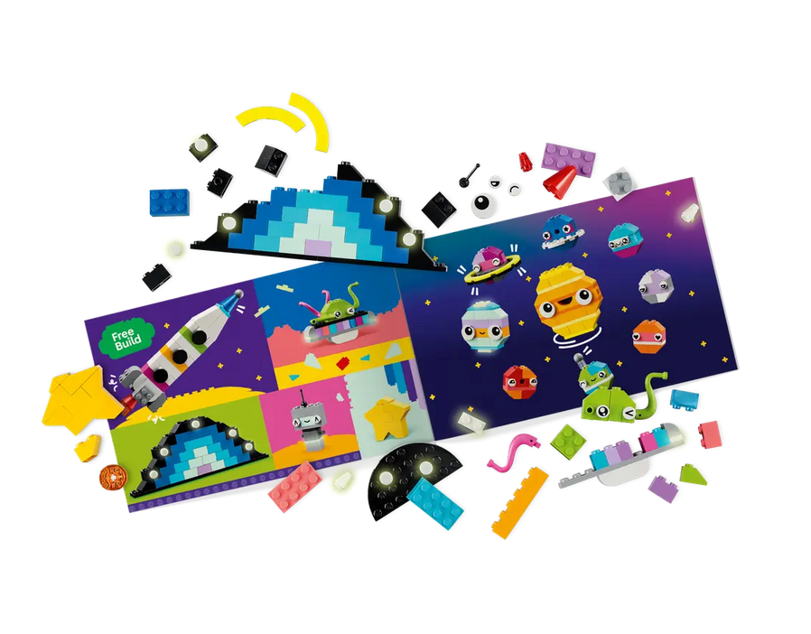 The booklet included with the Creative Space Planets building set and items being built from it. 