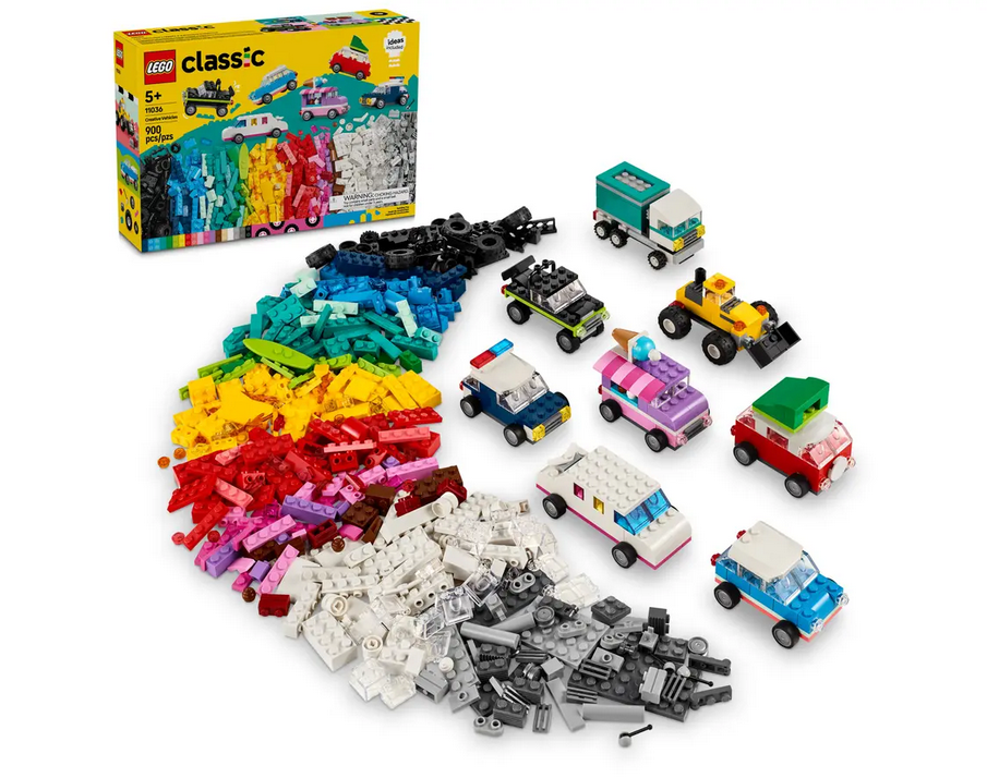 An array of colorful bricks included in this set along with vehicles built with them. 