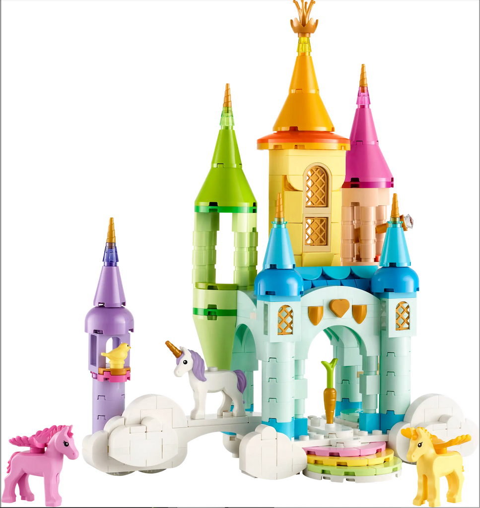Colorful LEGO toy castle set with pastel colored towers and winged unicorns. 