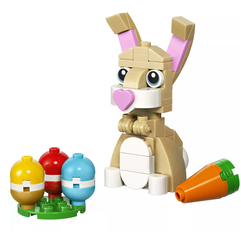 LEGO Easter bunny set with eggs and carrot.