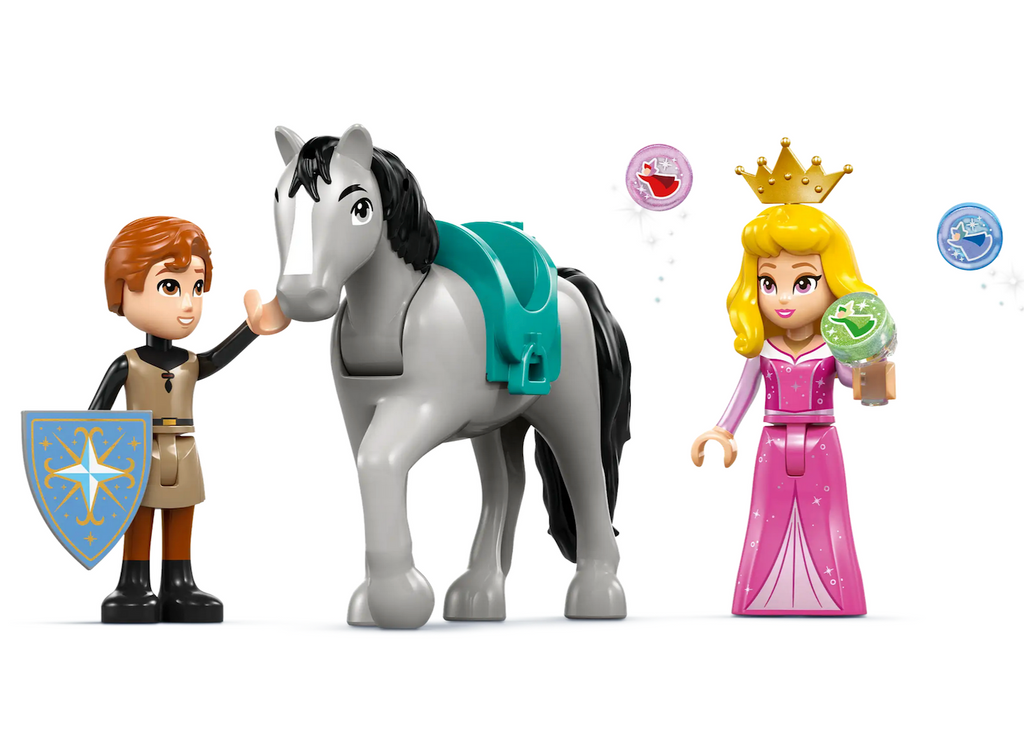 LEGO minifigures Princess Aurora, Prince Phillip and Samson the horse that are included with the LEGO DIsney Maleficent's Dragon Form set. 