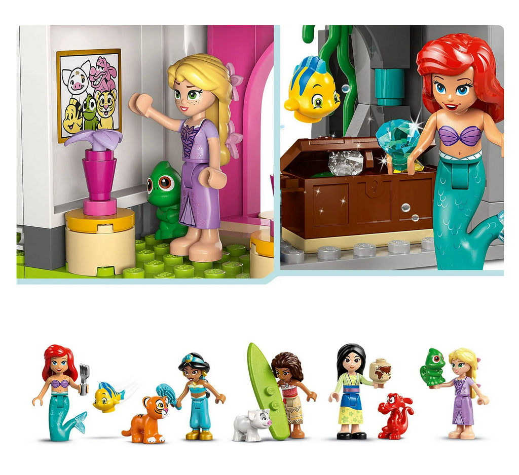 LEGO Disney minfigures Ariel, Rapunzel, Mulan, Jasmine and Moana, and LEGO Disney animal characters: Flounder, Pascal, Rajah, Pua and Mushu. Wuth close ups of Ariel and Rapunzel. 