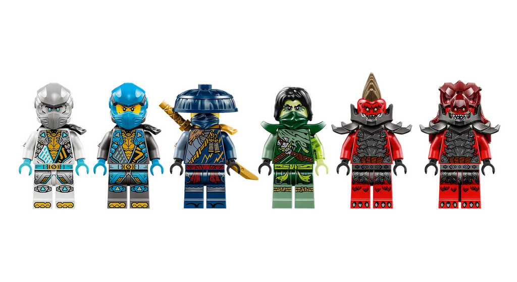 Set of six colorful LEGO minifigures Zane, Nya, a never-seen-before Rogue, a never-seen-before Morro who is exclusive to this playset, a Dragonian Warrior and a Dragonian Scout