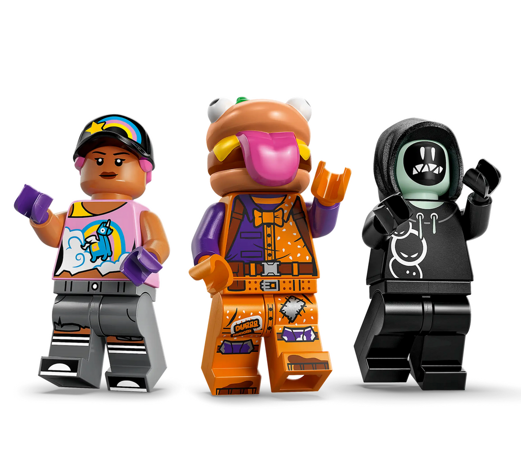 The Beach Bomber, Beef Boss, Grimey and skeleton minifigures included in the LEGO Fortnite Durrr Burger Restaurant set. 