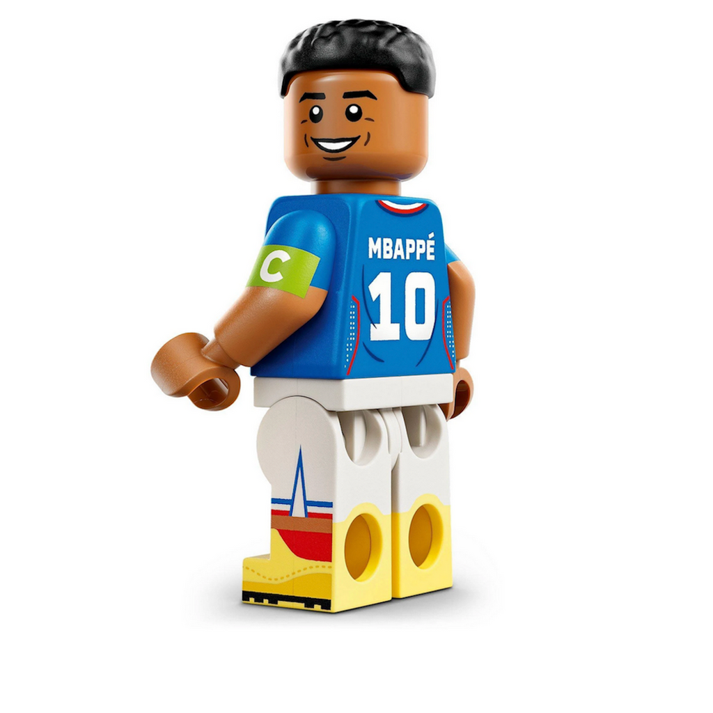Kylian Mbappé LEGO minifigure wearing a blue jersey with his famous number 10 on the back. 