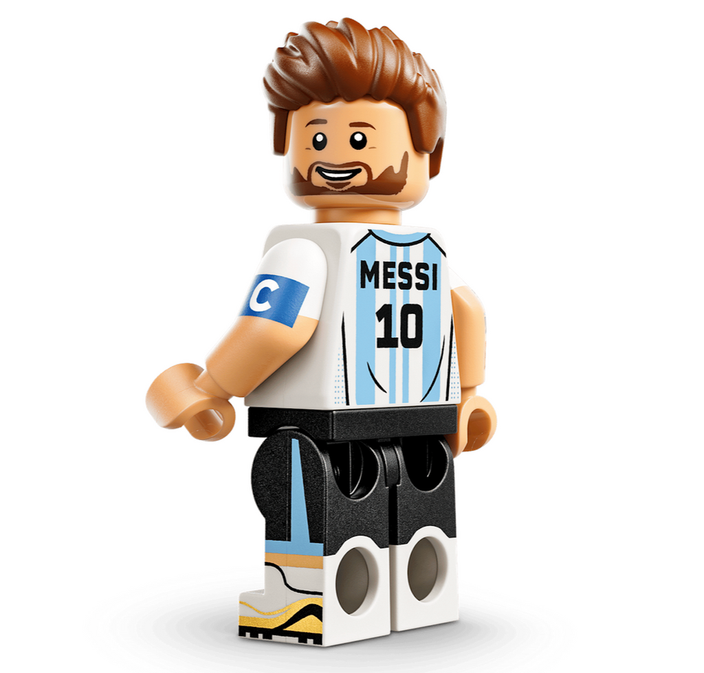 Lionel Messi minifigure wearing a blue and white jersey featuring the number 10. 