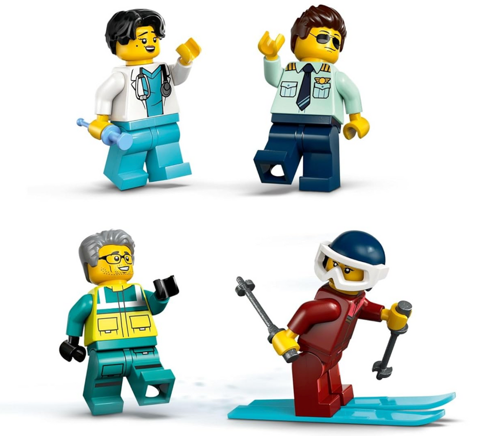 Four LEGO minifigures pilot, doctor, paramedic and skier minifigures. 