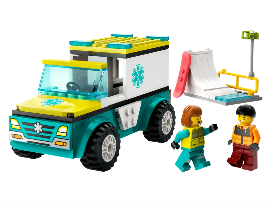 The LEGO Emergency Ambulance and Snowboarder featuring an ambulance with chunky tires. It also includes a mini snow-covered skate park, plus snowboarder and paramedic minifigures.