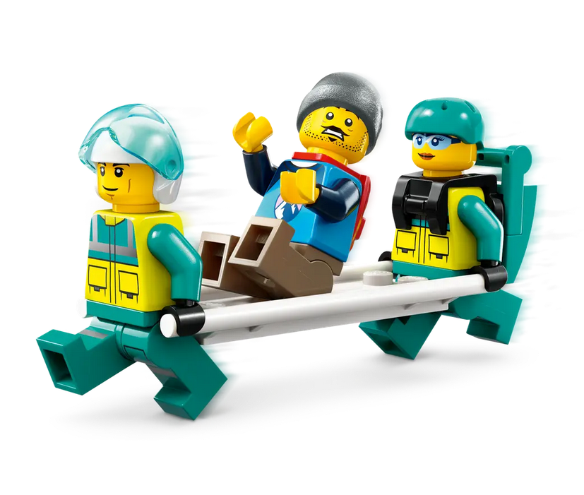 The rescuer minifigures carrying the hiker on stretcher. 