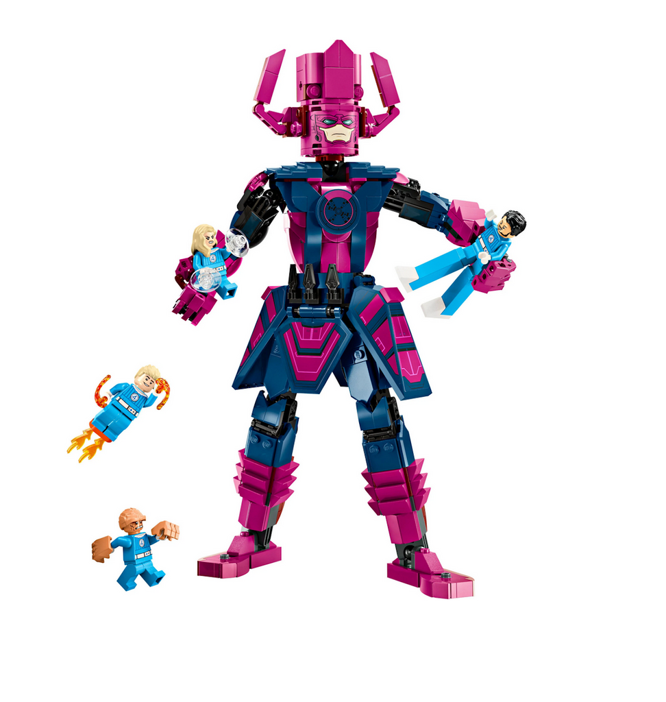 Brick built LEGO Marvel Galactus figure holding  Mr. Fantastic and the Invisible Woman while The Human Torch and The Thing are battling him. 