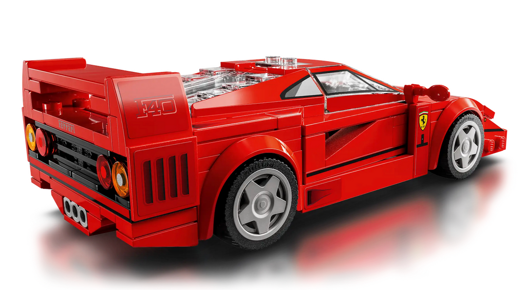 Close up view of the rear passenger side of the LEGO Ferrari F 40 Supercar. 