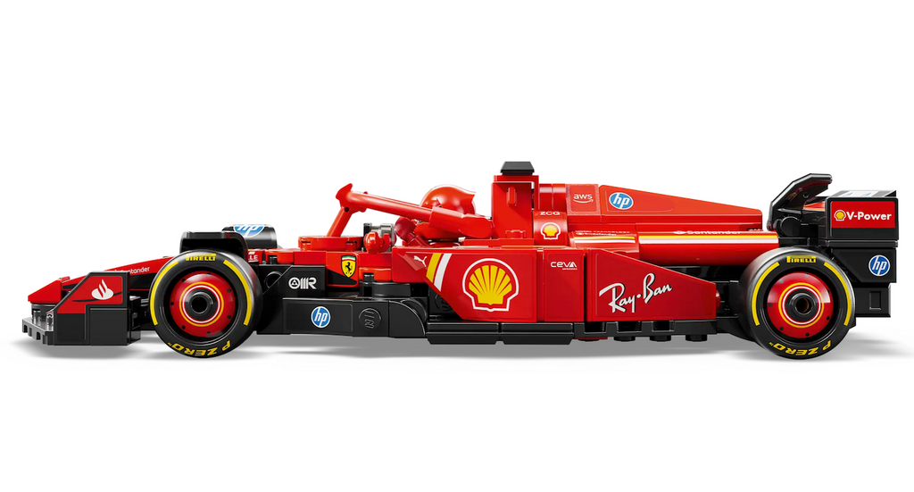 Red Ferrari SF-241 Formula 1 car model features details from the real-life car that competed in the 2024 Formula 1 season with sponsor branding along the side of the car such as Ray Ban and Shell. 