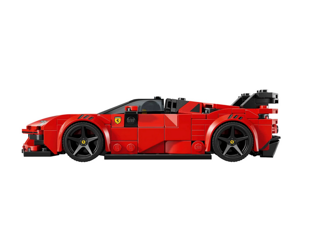 LEGO Seed Champions Ferrari toy car featuring a cab-forward design, a rear wing, high tailpipes and rims decorated with the Ferrari shield. 