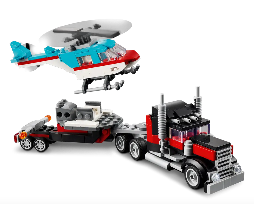  LEGO Flatbed Truck with Helicopter built from the set. 