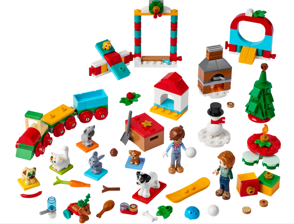 All the pieces included with the LEGO Friends Advent Calendar. 