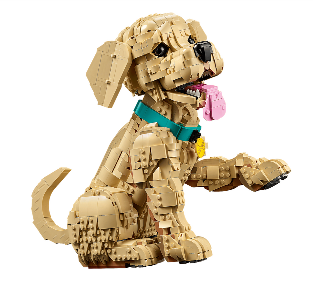 Golden Retriever Puppy LEGO Icons set built and positioned with the puppy's paw raised and it's tongue out. 