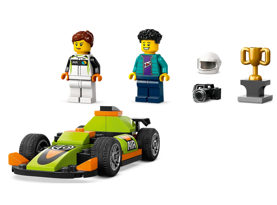 The LEGO Green Race Car, two minifigures, helmet, camera, and trophy. 