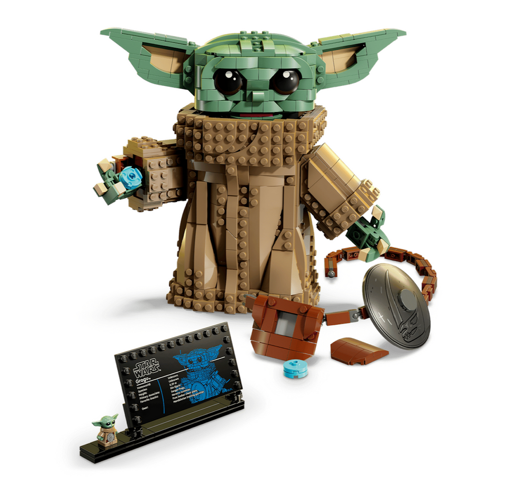 LEGO Star Wars Grogu building set with a information nameplate, minifigure, and Grogu with his beskar armor, satchel and blue treats. 