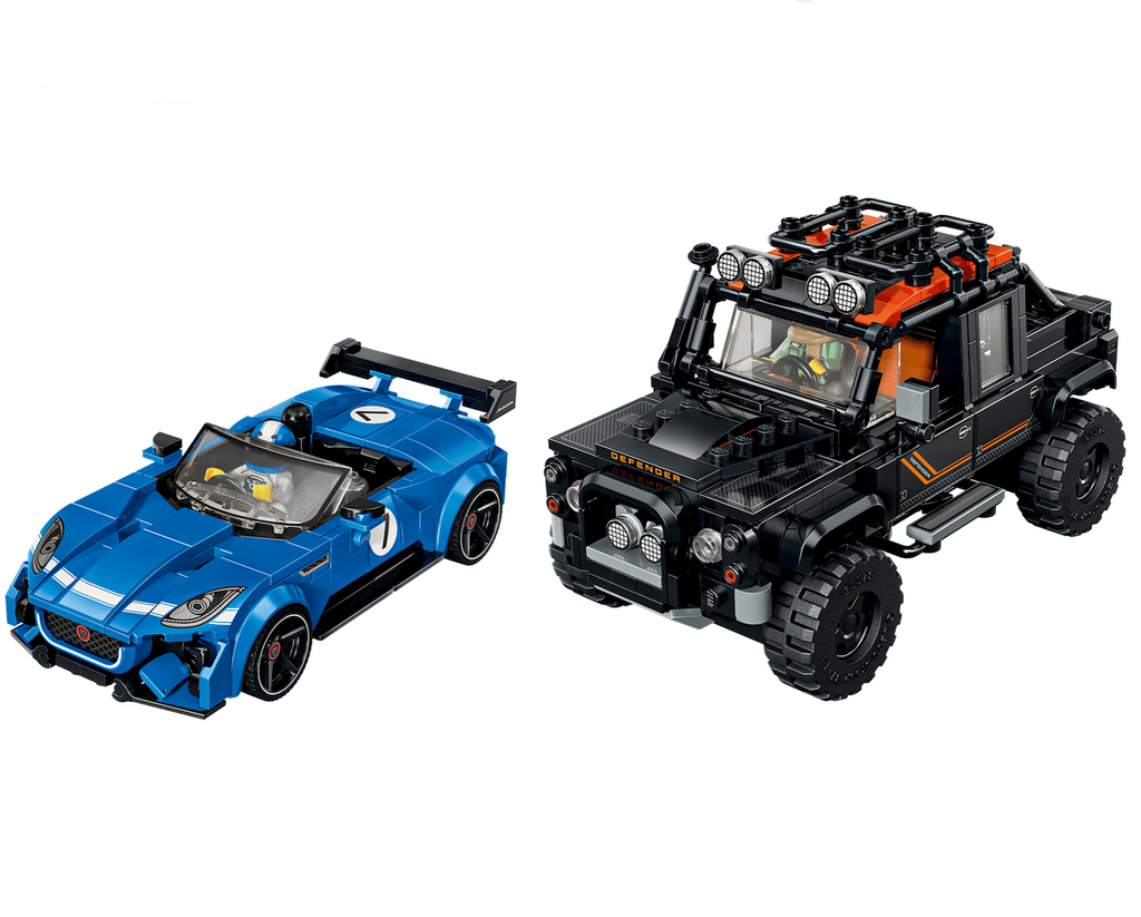 The LEGO Jaguar Project 7 and Land Rover Defender toy vehicles. The Jaguar is a blue sports car with rear spoiler and racing number 7 on the side. The Land Rover model is black and orange with  large wheels, a ladder, and roof rack.