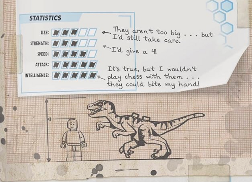 Interior page from LEGO Dinosauria showing a diagram of a dinosaur and LEGO minifigure along with statistics of the dinosaur. 