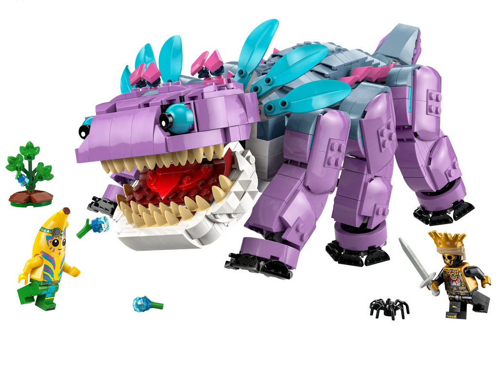 Klombo the big purple creature from the LEGO Fortnite video game with movable legs, opening mouth and rotating tail. Also pictures are the Island Adventure Peely and Oro mini figures 