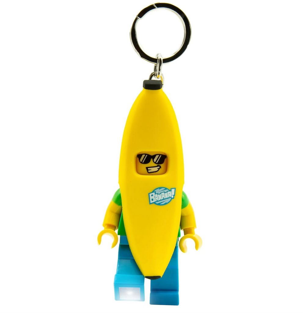 LEGO LED keychain Banana Guy, LEGO minifigure wearing a banana costume with one leg showing the flashlight shining out of his foot. 