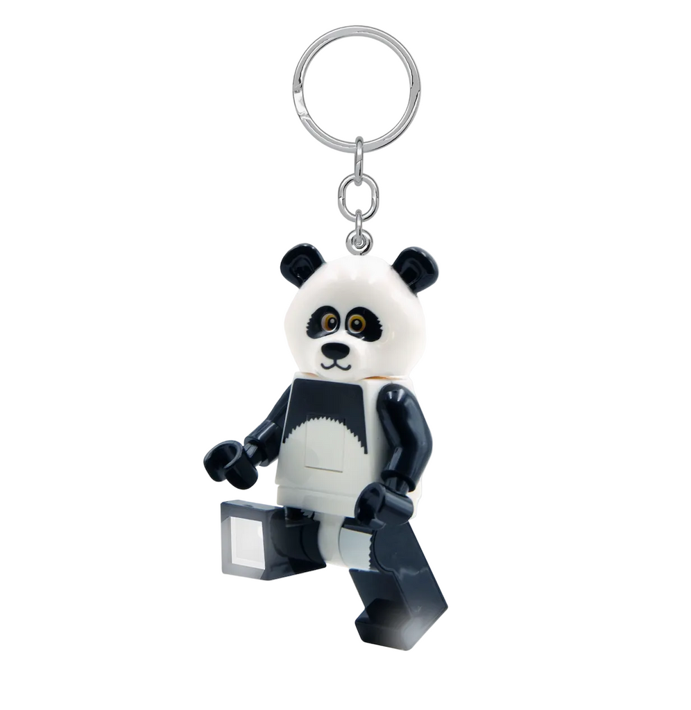 LEGO Minifigure dressed in a panda costume with one leg up and shining a light attached to a keychain. 