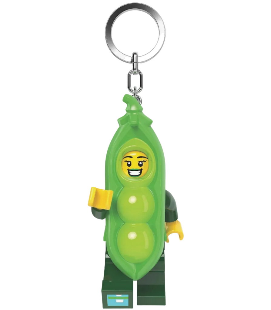 LEG minifigure dressed in a peapod costume with one leg up showing the led flashlight that shine from the bottom of her feet. 