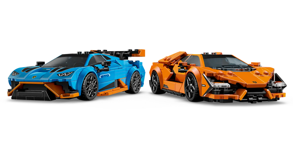 LEGO Lamborghini Revuelto and Huracan STO toy vehicles. The Huracan STO is blue with orange accents and the Revuelto is orange. Both feature authentic Lamborghini details from the real-life vehicles. 