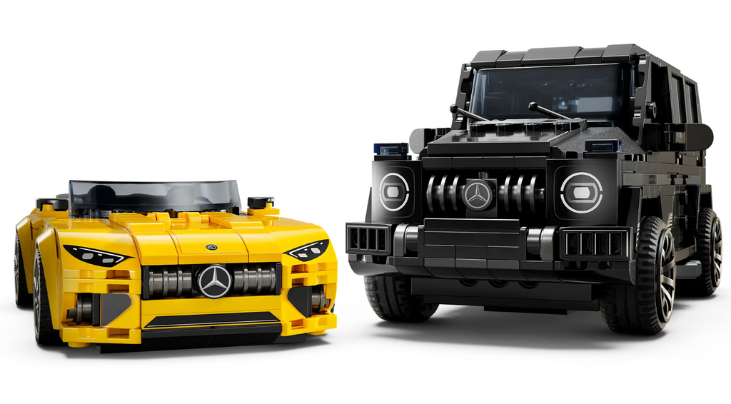 LEGO Speed Champions Mercedes AMG G 63 and the AMG SL 6 31 toy cars with a close up view of the grilles. 
