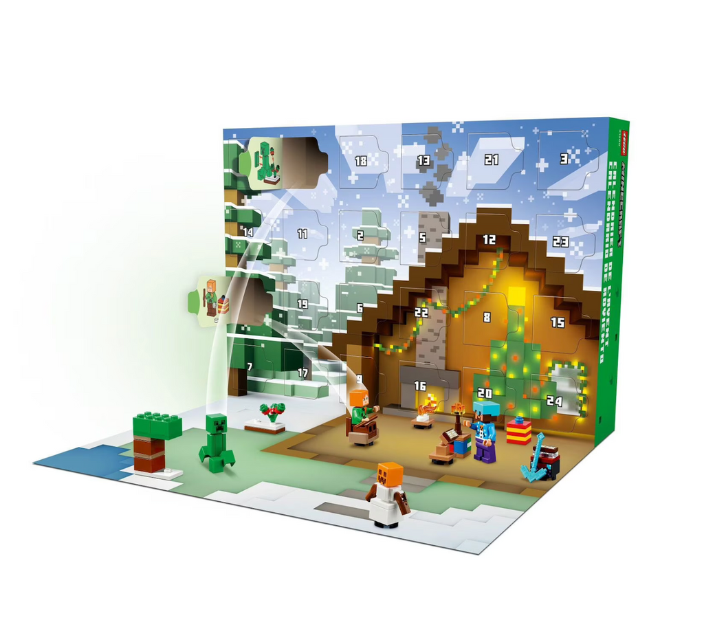LEGO Minecraft Advent Calendar with play mat and minifigures built from opening windows in the video game themed count down calendar. 