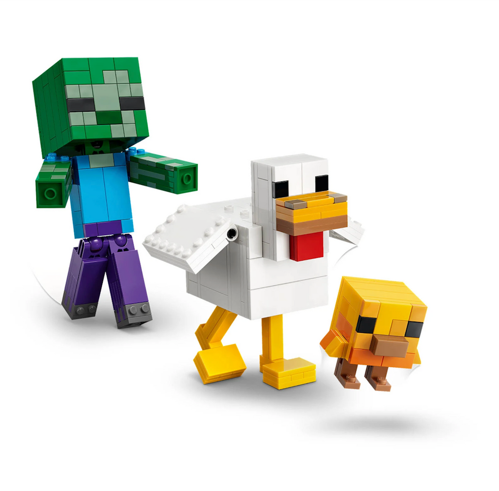 Posable LEGO chicken, baby zombie and baby chicken that can be used to create classic Minecraft action. 