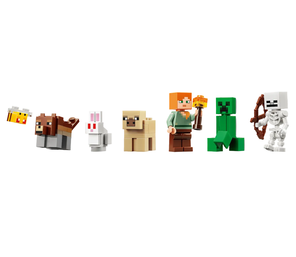 Minifigures included in the LEGO Minecraft First Night Adventure, including  Alex, a skeleton, Creeper™, woods wolf, cold pig, albino rabbit and a bee. 