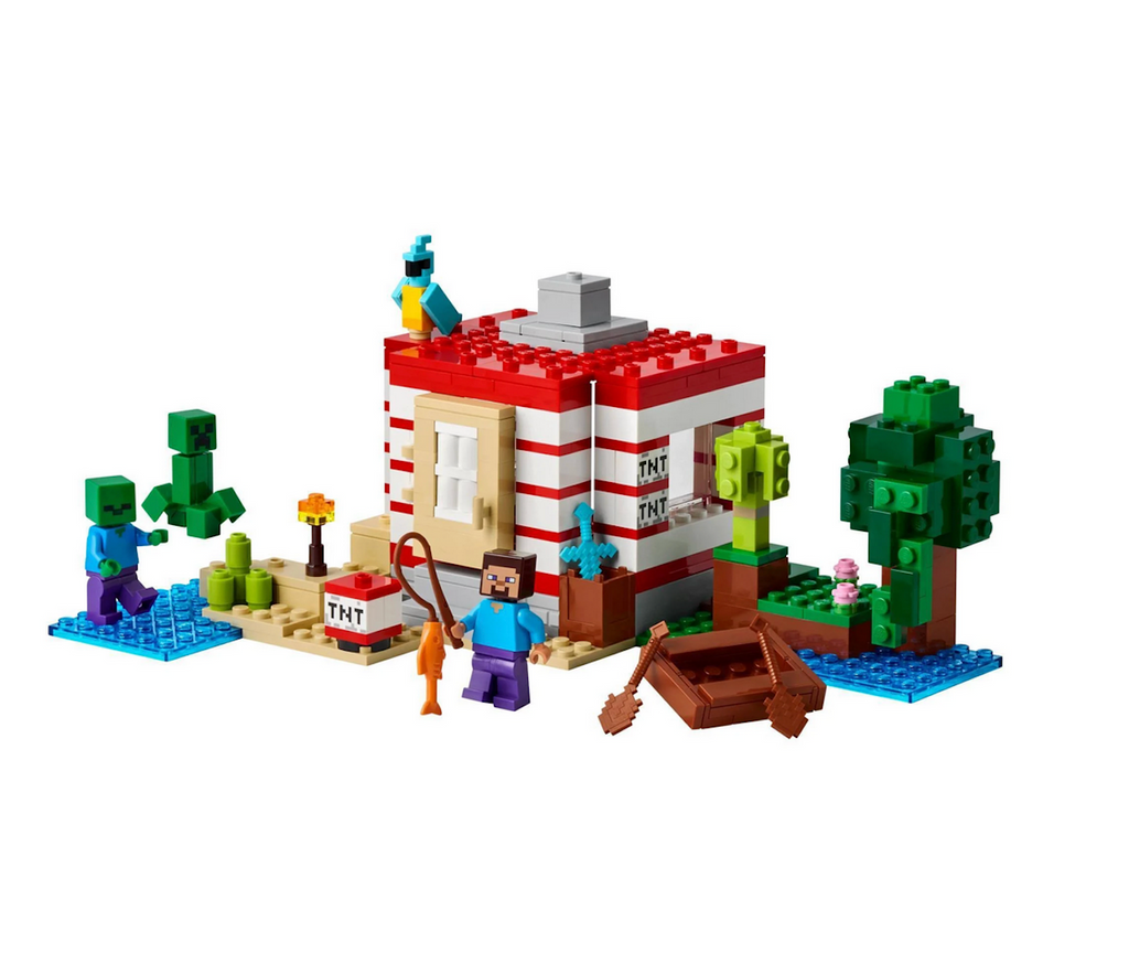 Minecraft LEGO TNT Jungle House constructed with the row boat, trees, and the Steve, Creeper, and zombi character minifigures. 