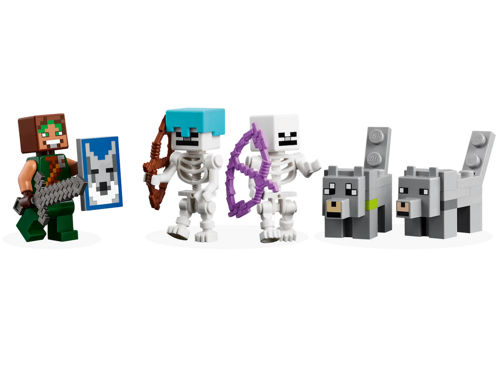 LEGO wolf figures, battle skeleton figures and the wolf tamer figure that are included in the set. 