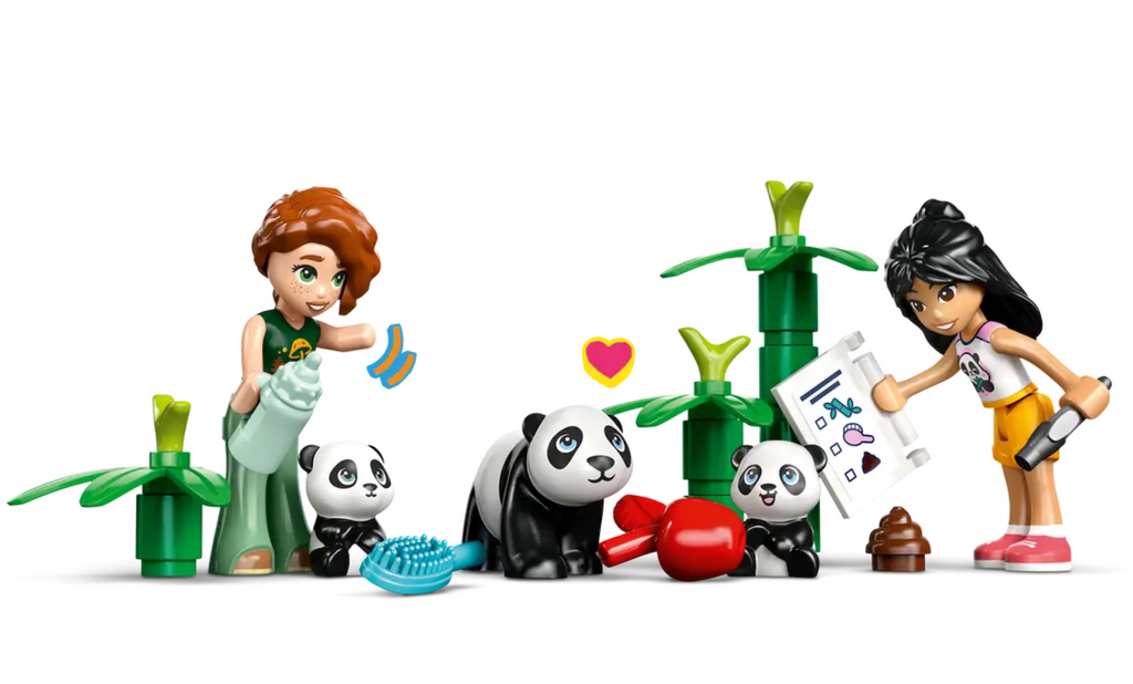 Autumn and Liann LEGO Freinds minifigures with bamboo plants and panda characters that are included in the Panda Sanctuary Animal Care LEGO set. 