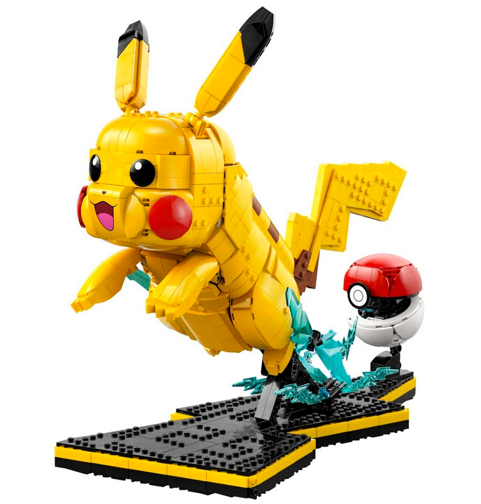 The yellow LEGO Pikachu model, with its black ear tips and red cheeks, it's tail can be built to show it in male or female version. Lightning sparks that symbolize the energy stores of this Electric-type Pokémon and the number "25" is incorporated on the display base. 