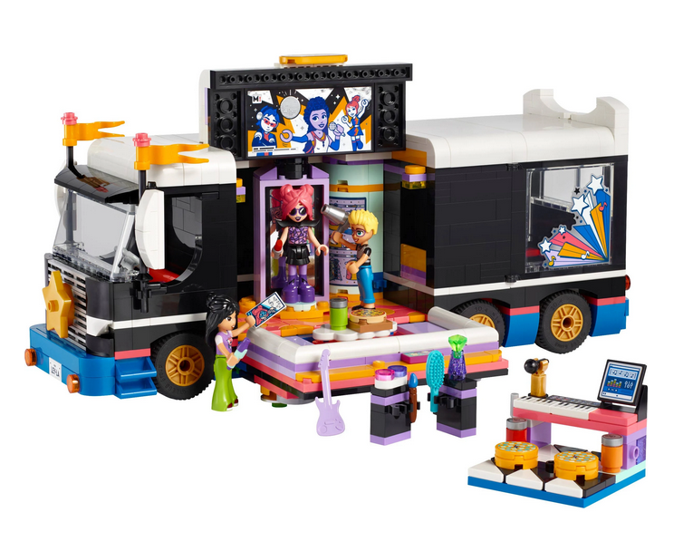 The Lego Pop Star Music Tour Bus set built to show the tour bus and backstage area with accessories and the 4 LEGO Friends characters.