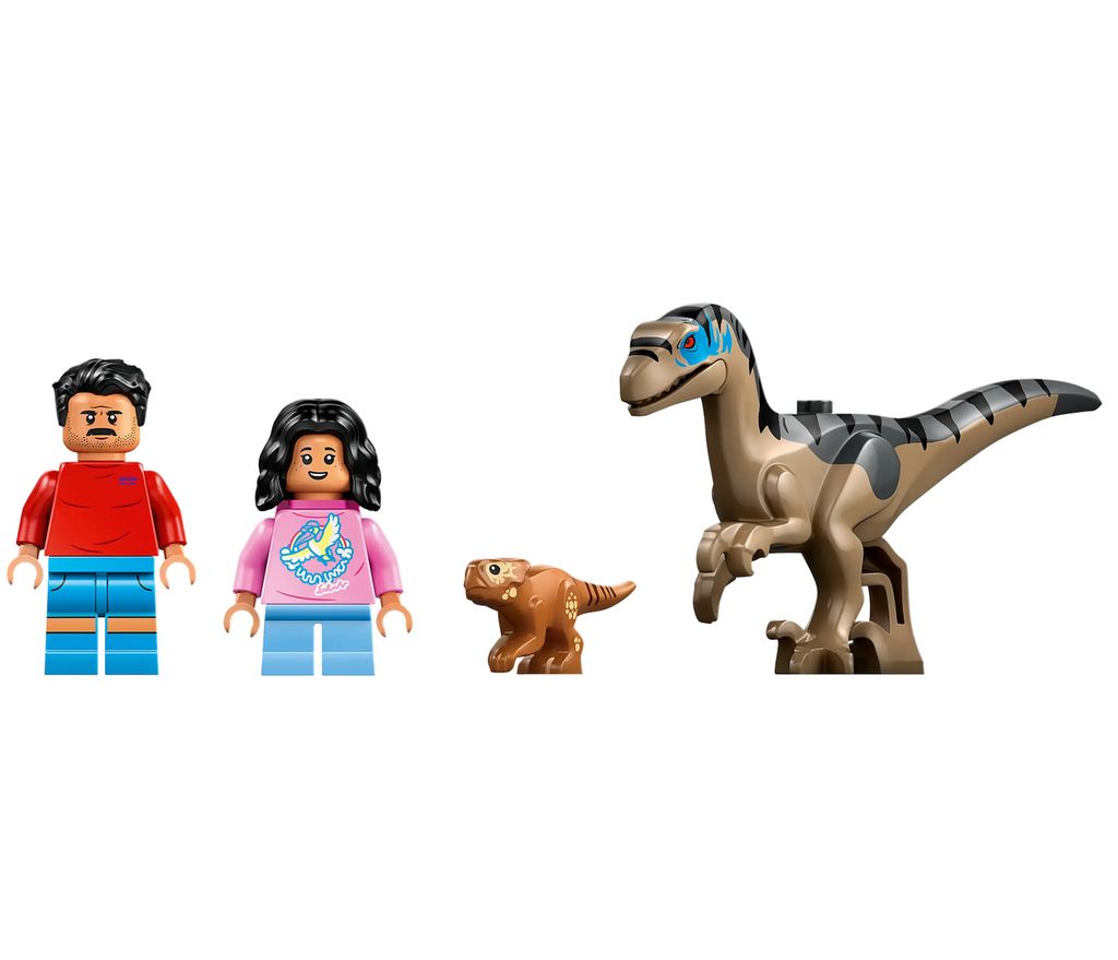 Close up picture of the Reuben and Isabella Delgado minifigures, Baby Dolores pet dinosaur figure and a Velociraptor figure with a movable jaw included in the Raptor Off Road Escape LEGO set. 