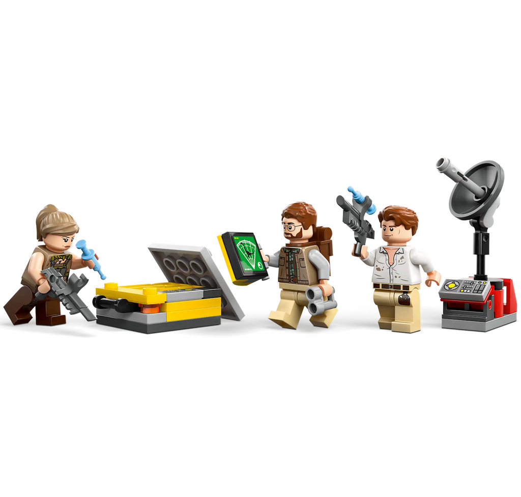 LEGO minifigures Zora Bennett, Martin Krebs and Dr. Henry Loomis with the charging station and buildable drone. 