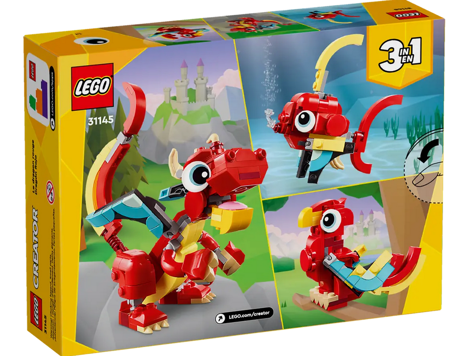Back view of LEGO 3 in 1 Red Dragon box showing all three models built from the set. 